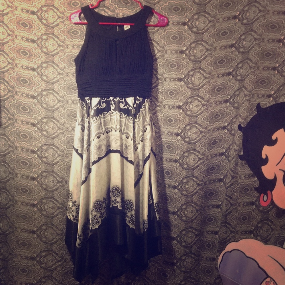 Black and white long dress with silk scarf skirt.